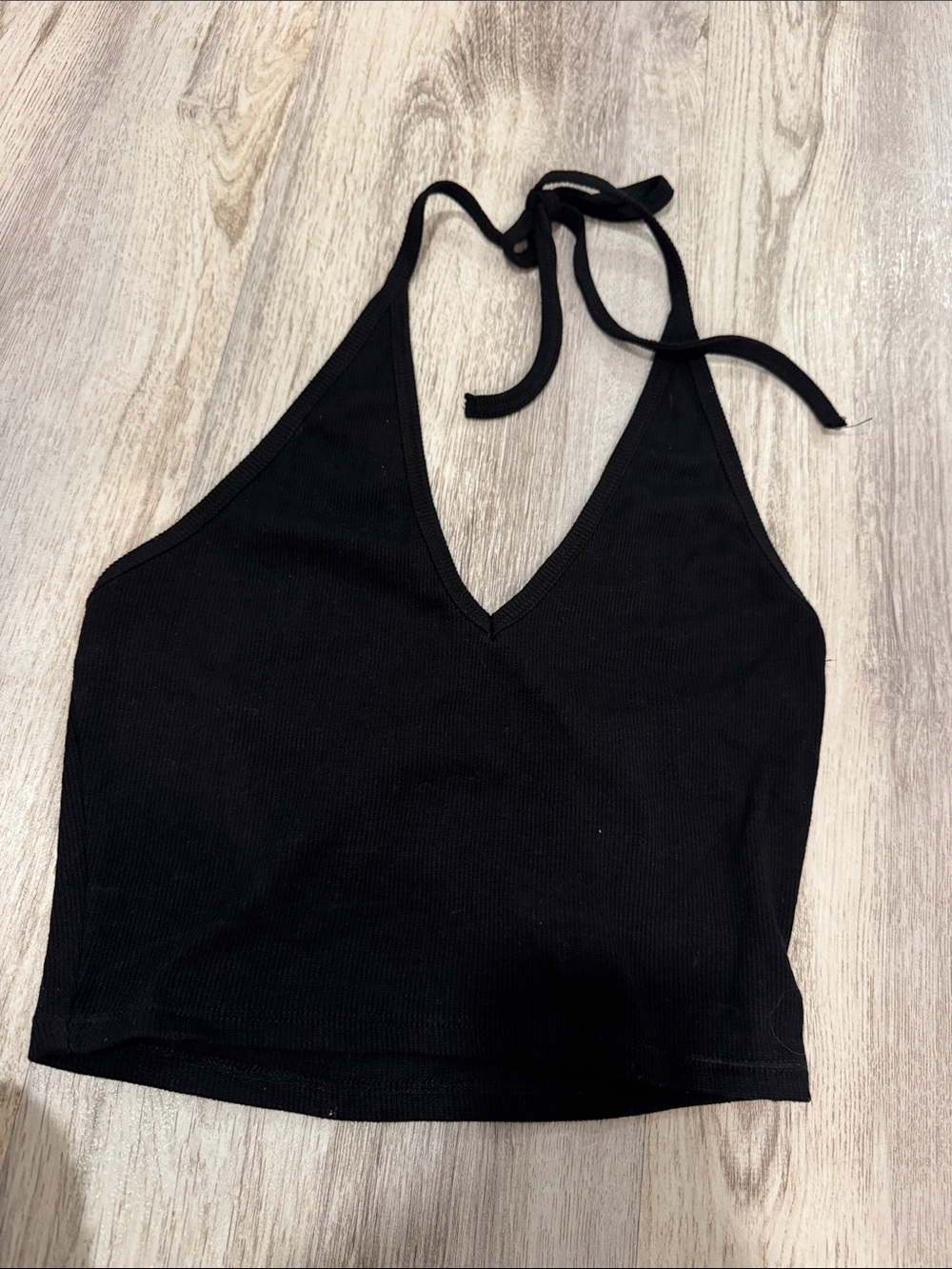 Black Ribbed V-Neck Halter Crop Top